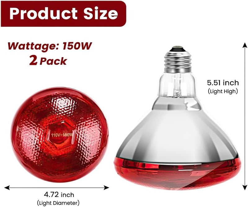 DATOO Infrared Heat Lamp Bulb for Chickens Red Heat Lamp Flood Light Heat Lamp Bulb 150 W Heating Bulbs for Brooder Coops Pets Chicks Reptiles Food Service (2 Pack) - Image 2